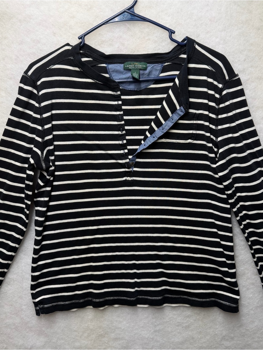 LRL Lauren Jeans Co. Shirt Top Womens Black Striped Long Sleeve Size Large
